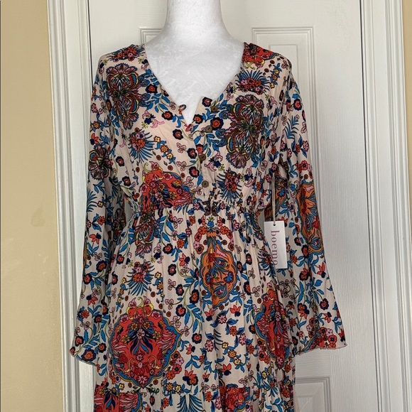 Boemo x Anthropologie Floral Print Boho Maxi Dress Tiered Bell 3/4 sleeved NWT - Picture 15 of 16